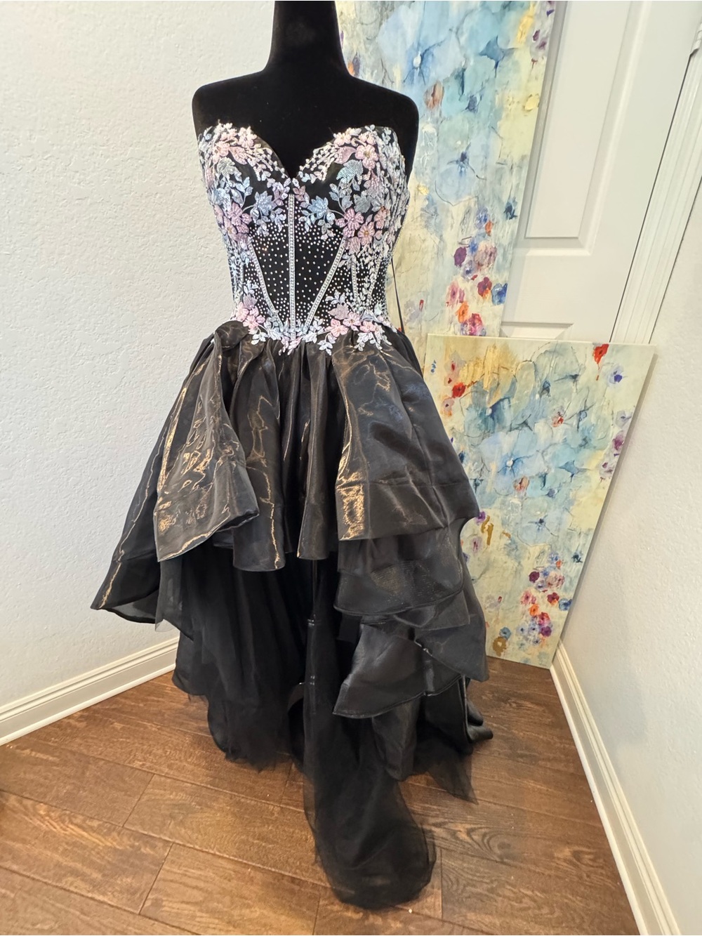 NWT Clarisse Sz 12 Black High-Low Gown with Pink Floral Embellished Corset